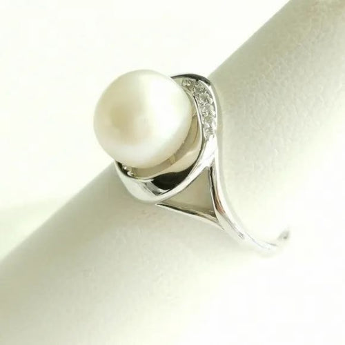 Cultured White Freshwater Pearl and White Sapphire Ring in Sterling Silver