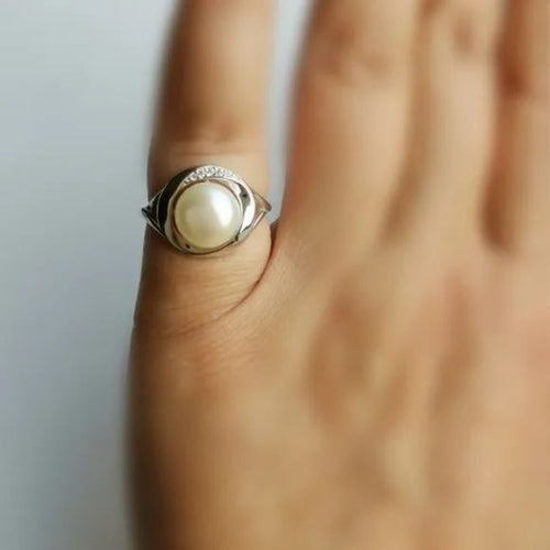 Cultured White Freshwater Pearl and White Sapphire Ring in Sterling Silver