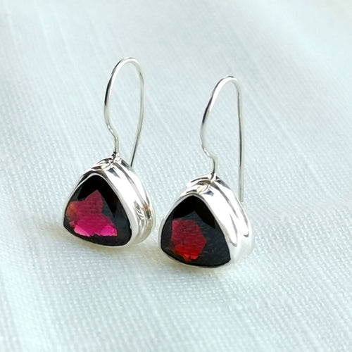 Trillion Cut Garnet Drop Earrings in Sterling Silver