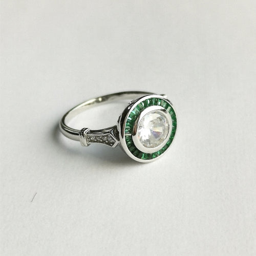 Art Deco White Sapphire Chrome Diopside Ring in Sterling Silver