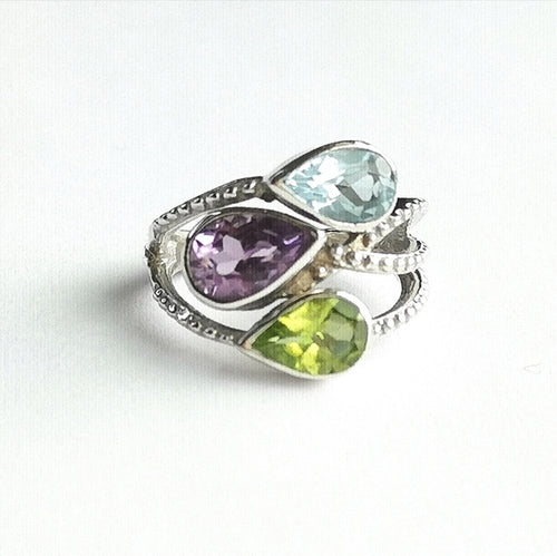 3 Gemstone Ring Peridot, Amethyst, Topaz in Sterling Silver