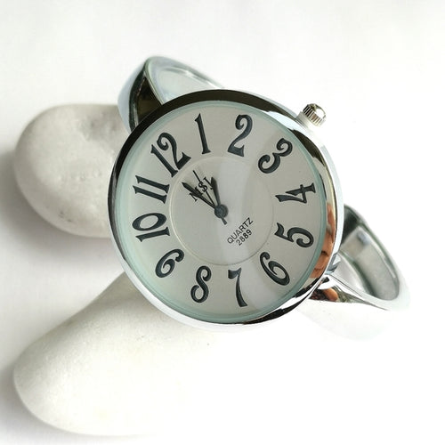 Silver Bangle Watch Large White Face Quartz Movement