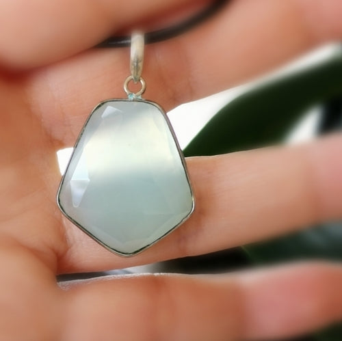 Faceted Aqua Chalcedony In Sterling Silver Pendant Necklace