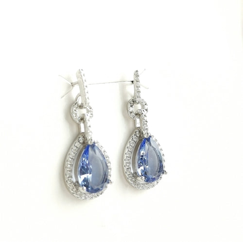 Ceylon Blue Sapphire Halo Teardrop Earrings in Sterling Silver