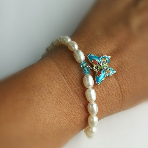 White Freshwater Pearl Bracelet Blue Cloisonne Enamel Butterfly Charm