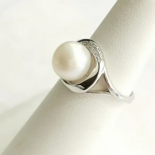 Cultured White Freshwater Pearl and White Sapphire Ring in Sterling Silver