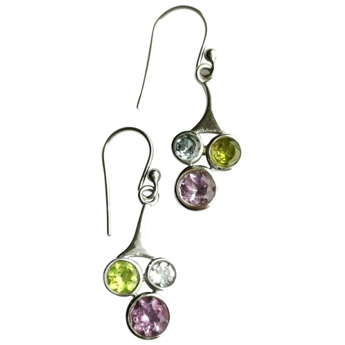 Tri Gemstone Earrings: Blue Topaz, Amethyst, Peridot.