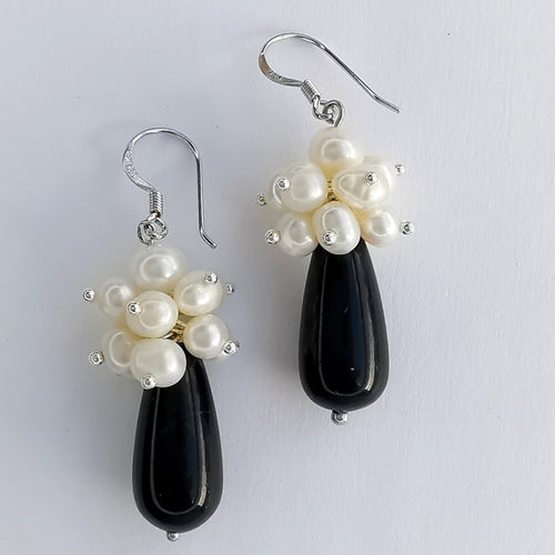 White Freshwater Pearl Cluster & Black Onyx Drop Earrings