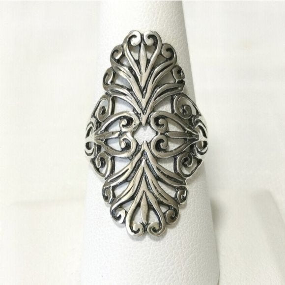 Long Scroll Filigree Ring  in Sterling Silver size 7