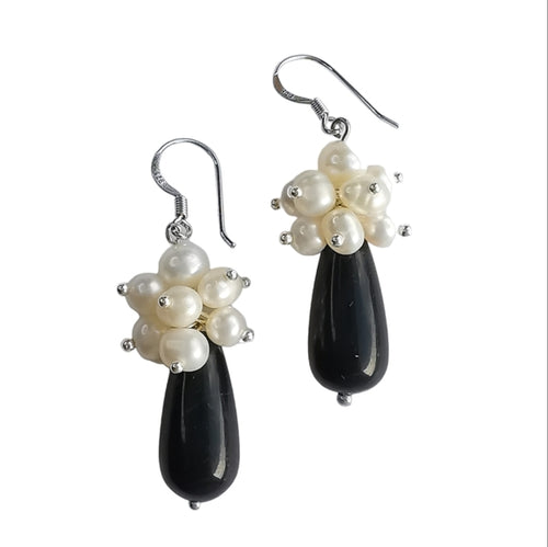 White Freshwater Pearl Cluster & Black Onyx Drop Earrings