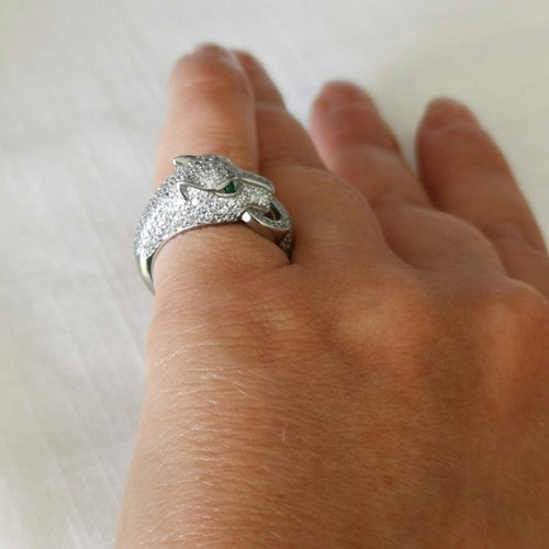 Pave CZ Panther Ring in Sterling Silver Green Eyes