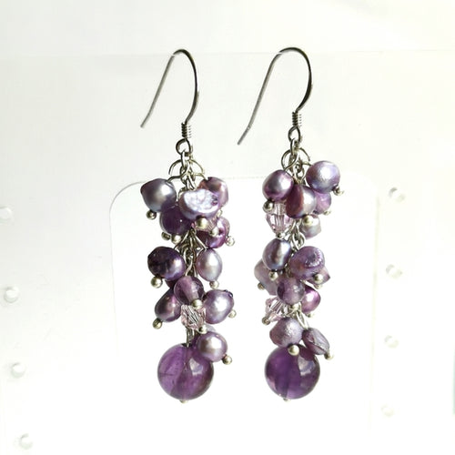 Lavender Purple Freshwater Pearl and Amethyst Grape Cluster Earrings