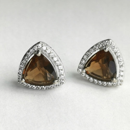 Smoky Quartz White Sapphire Halo Stud Earrings
