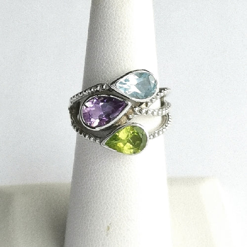 3 Gemstone Ring Peridot, Amethyst, Topaz in Sterling Silver