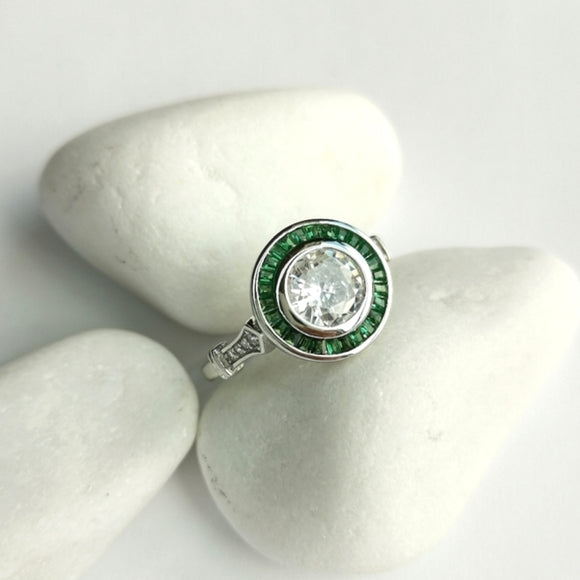 Art Deco White Sapphire Chrome Diopside Ring in Sterling Silver