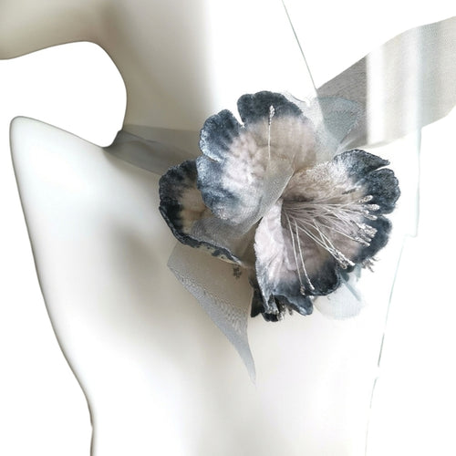 Hand Crafted Silvery Grey Velvet Flower Choker Necklace
