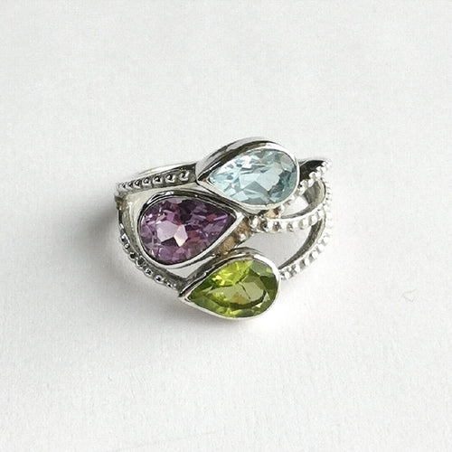 3 Gemstone Ring Peridot, Amethyst, Topaz in Sterling Silver