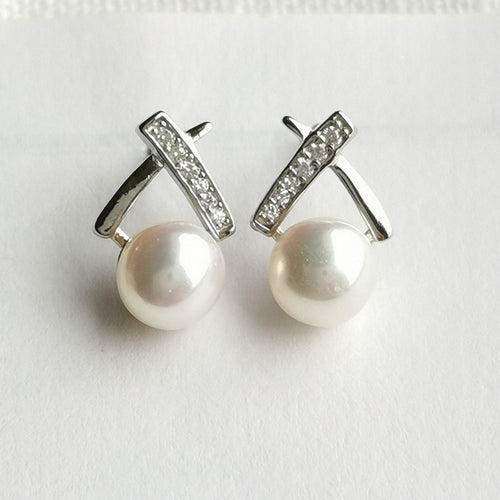 Cultured White Freshwater Pearl and White Sapphire Earrings