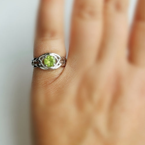 Peridot Ring in Sterling Silver with Eternity Knot size 7