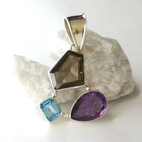 Smoky and BlueTopaz, Amethyst Pendant in Sterling Silver