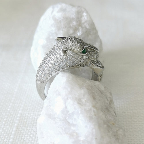 Pave CZ Panther Ring in Sterling Silver Green Eyes