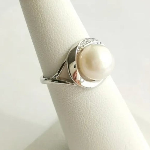 Cultured White Freshwater Pearl and White Sapphire Ring in Sterling Silver