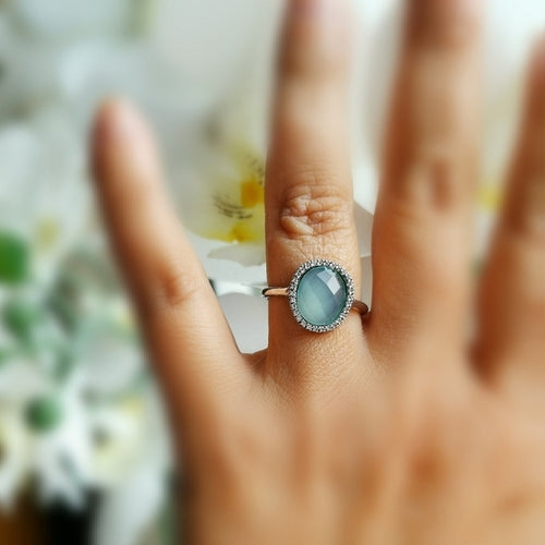 Aqua Chalcedony White Sapphire Halo Ring size 7.5