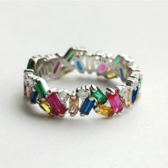 "Confetti " Eternity Ring in Sterling Silver Ruby Sapphire Emerald