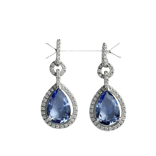 Ceylon Blue Sapphire Halo Teardrop Earrings in Sterling Silver