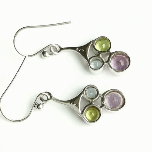 Tri Gemstone Earrings: Blue Topaz, Amethyst, Peridot.