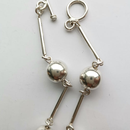 Vintage Sterling Silver Ball Bead Necklace with Toggle Clasp