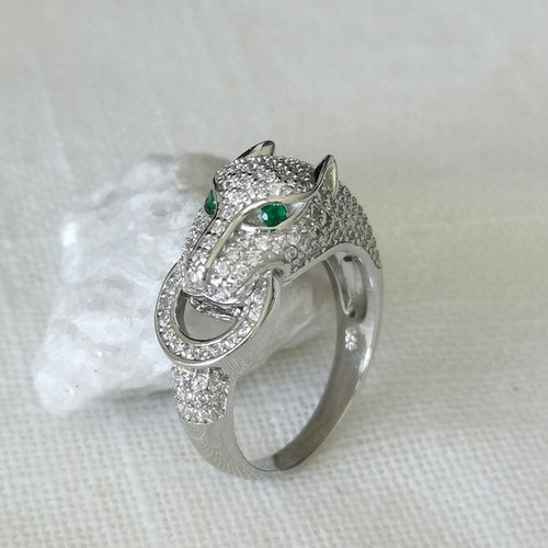 Pave CZ Panther Ring in Sterling Silver Green Eyes