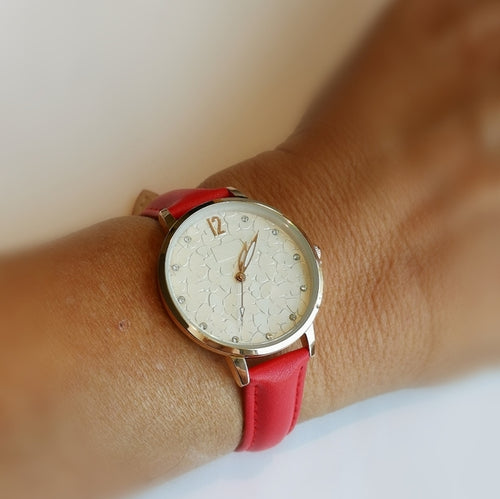 Textured White Faced Watch with Red Strap Quartz Movement