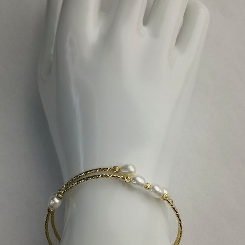 White Freshwater Pearl Gold Fill Bangle Wraparound Bracelet