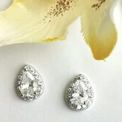 Teardrop CZ with Halo Stud Earrings in Sterling Silver