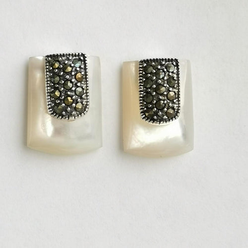 Mother of Pearl Marcasite Art Deco Earrings in Sterling Silver