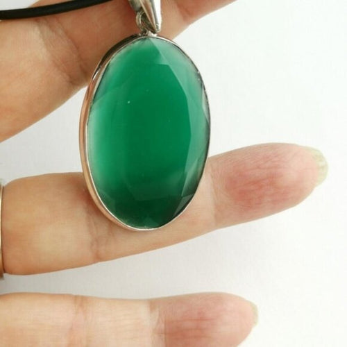 Large Oval Green Onyx Pendant Necklace