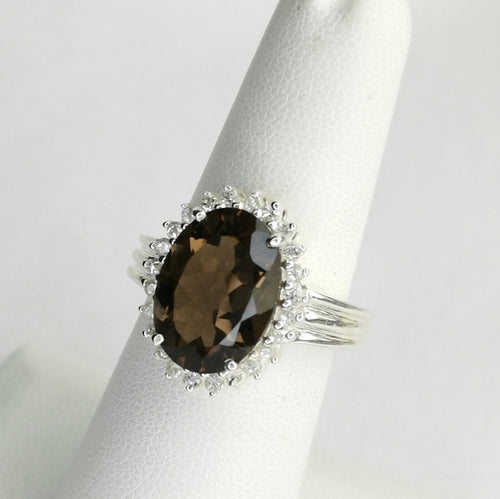 Smokey Topaz  / Smoky Quartz White Sapphire Halo Ring size 7