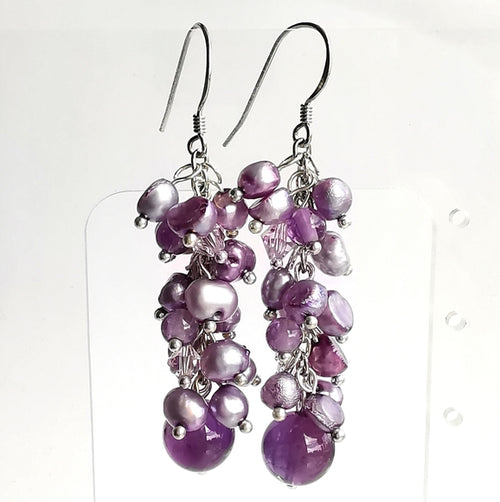 Lavender Purple Freshwater Pearl and Amethyst Grape Cluster Earrings