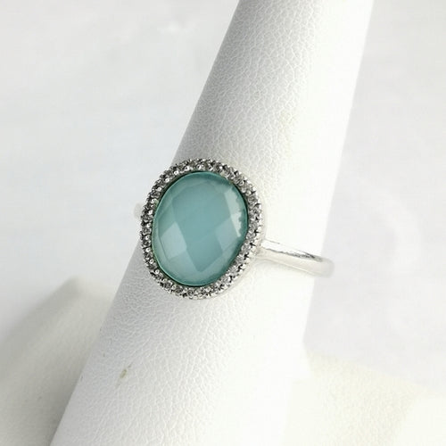 Aqua Chalcedony White Sapphire Halo Ring size 7.5