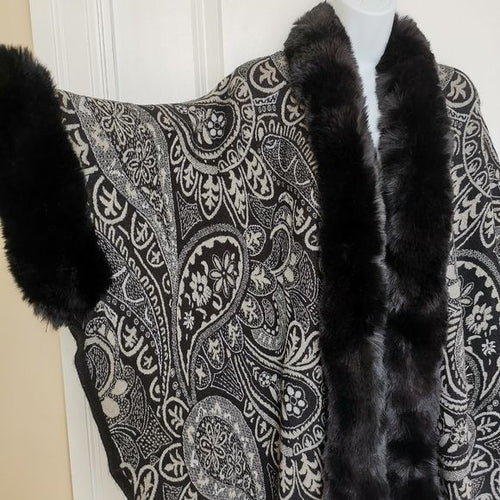 Paisley Black Cape with Faux Fur Trim one size