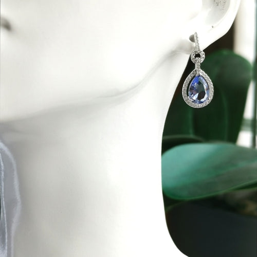 Ceylon Blue Sapphire Halo Teardrop Earrings in Sterling Silver