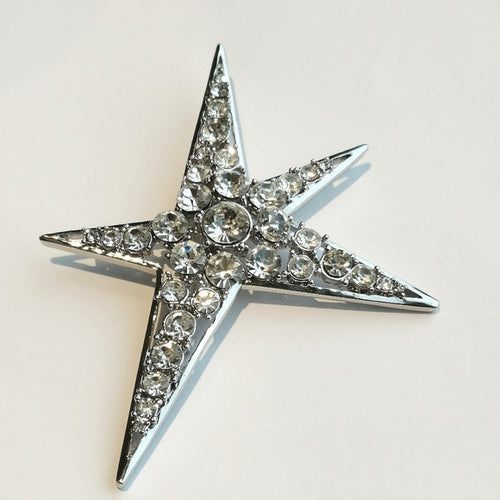 Statement Crystal Star Brooch in Silver Tone