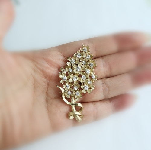 Vintage Lilac Blossom Flower Brooch  in Crystals and Gold Tone