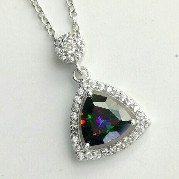 Mystic Topaz cz halo pendant necklace in Sterling Silver