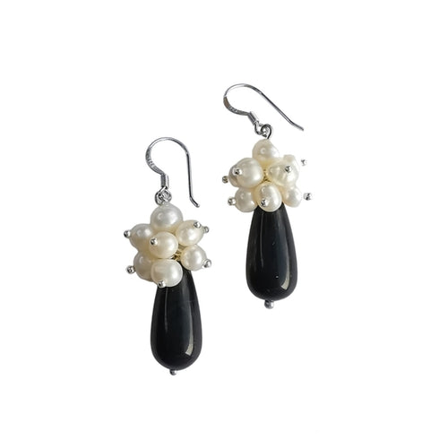 White Freshwater Pearl Cluster & Black Onyx Drop Earrings