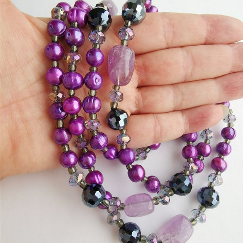 Feshwater Purple Pearl, Amethyst and Crystal Rope Necklace