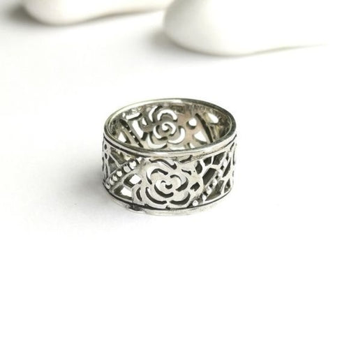 Sterling Silver Tudor Rose Flower Garden Filigree Ring