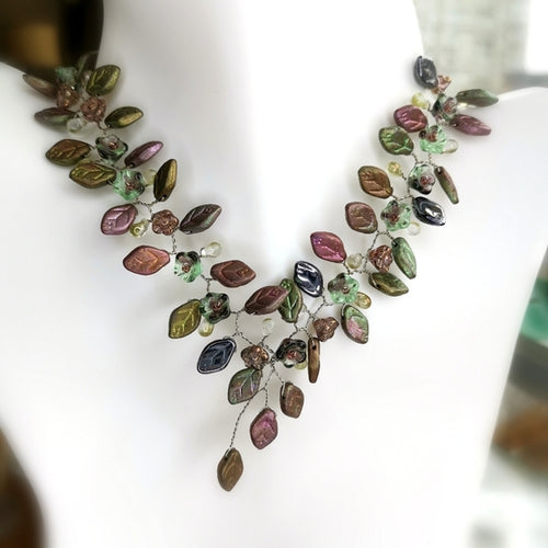 Vintage Czech Handmade Glass Flowers and Leaves Necklace