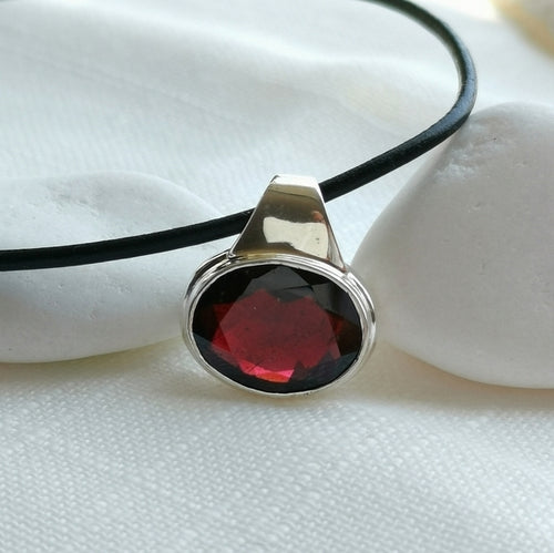 Modernist Oval Garnet Pendant in Sterling Silver Necklace